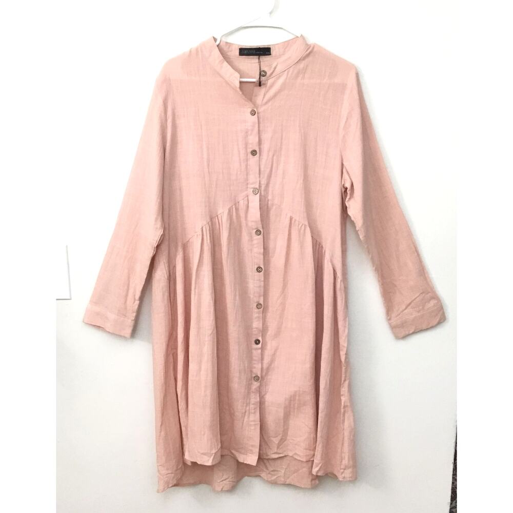 ZANZEA Casual Loose A-Line Cotton Dress Long Sleeve Button Salmon Solid Plus 2XL